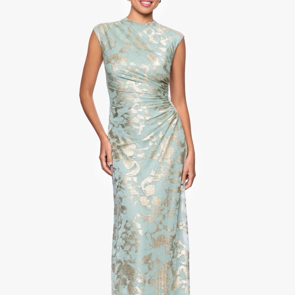 Betsy & Adam green/sage and Gold rouched gown
